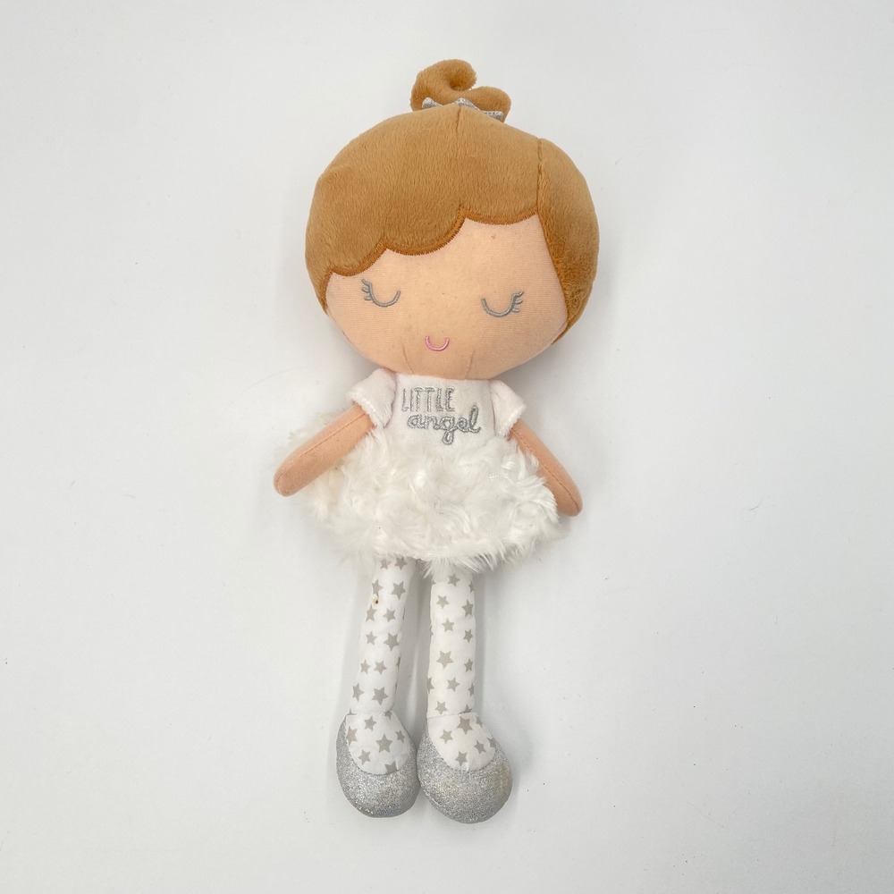 Baby Starters Little Angel Plush Doll White Star Leggings Brown Bun Hair 12 Inch